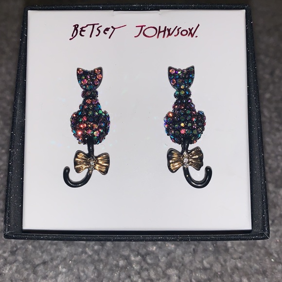Betsey Johnson Swinging Black Cat Pave Earrings - Picture 4 of 6